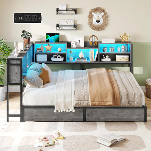 Cross-border floor-standing metal wrought iron <b>bed</b> frame with <b>LED</b> ambient lighting, drawer storage, modern minimalist corner - Product Image 3