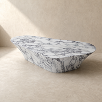 Table basse en pierre artificielle haute brillance, motif blanc Guangxi, table longue organique en faux plâtre, base en FRP, vente en gros