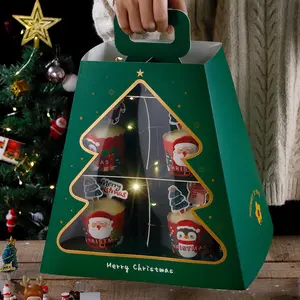 크리스마스 베이킹 컵 케이크 포장 상자 컵 케이크 더블 사다리꼴 타워 디저트 테이블 선물 포장 종이 상자 Led 컵 케이크