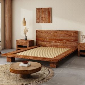 Cama de Madera Maciza de Caoba, Diseño de Base Baja, Muebles de Dormitorio de Hotel, Estilo Chino Minimalista Moderno - Product Image 3
