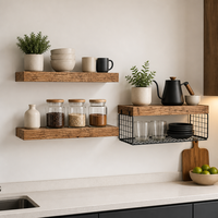 Étagères murales flottantes en bois rustique style ferme, personnalisables, lot de 3, avec paniers de rangement en fil métallique noir pour cuisine et salle de bain