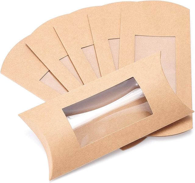 Custom Treat Candy Packaging Box Jewelry Gift Box Brown Kraft Paper Pillow Boxes with Clear Window for Birthday Wedding Party