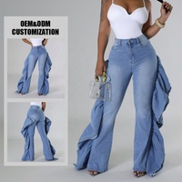 Jeans à boutons délavés d'été de haute qualité pantalon évasé à volants en cascade pour femme denim pour femme vente en gros