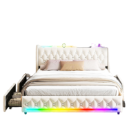 Cadre de lit LED multifonctionnel moderne avec enceintes Bluetooth, 4 grands tiroirs de rangement, station de charge USB Type C, lattes en bois de pin