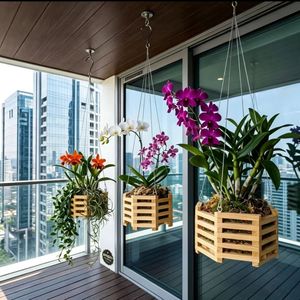 Wooden octagonal flower <b>basket</b> storage rack <b>for</b> balcony and courtyard green <b>plant</b> hanging <b>basket</b>, solid wood flower pot, - Product Image 1