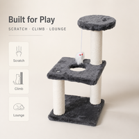 Tour à chat à deux niveaux avec poteaux à gratter en corde de sisal et plateforme en peluche, jouet souris suspendu pour chats d'intérieur - Emballage carton OEM/ODM