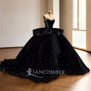 Robe de bal de Quinceañera en velours noir Rsm261103, corsage à épaules dénudées, appliques ornées, volants, peplum, jupe ample, style vintage pour soirée - Product Image 6