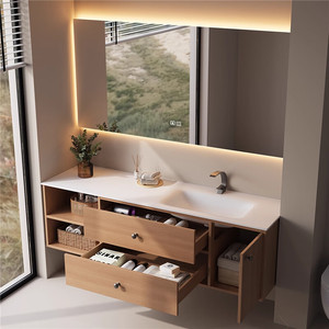 Mueble de baño inteligente de color madera natural con lavabo integrado de losa de roca curvada en caliente, personalizado. - Product Image 4