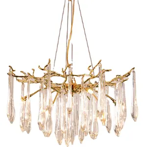 Round Copper Brass Chandelier Amber Crystal Vintage Bulb Pendant Lamp Bedroom Living Room Kitchen Decor