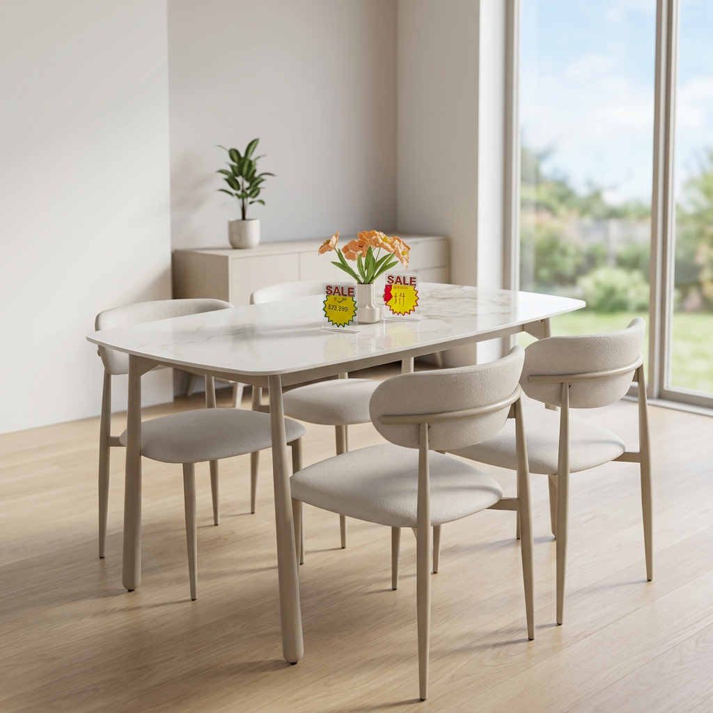 Modern European White 5-Piece Dining Set – Stone Top Table & PU Wood Chairs - View 5