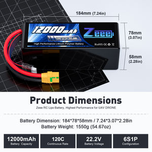 סוללות מזל "ט Uav סוללות <span class=keywords><strong>6s</strong></span> <span class=keywords><strong>22.2v</strong></span> 12000mah 120c fpv סוללה lipo עבור rc רחפן מסוק מטוס קודר - Product Image 2