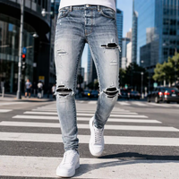 Jeans skinny déchirés décontractés personnalisés OEM pour hommes, jeans en denim déchirés pour hommes, jeans fuselés déchirés avec patchs pour hommes