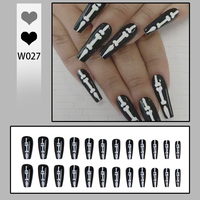 Ensemble de faux ongles gothiques en forme de cercueil, 24 pièces, design squelette noir et blanc, réutilisables, en acrylique, pour Halloween et usage quotidien