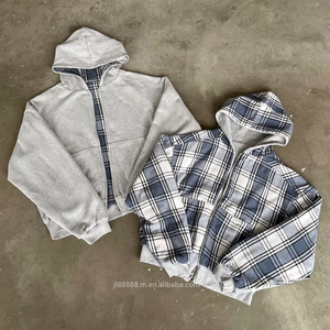 OEM Heavyweight Zip Up Hoodies <strong>Jacket</strong> With Mens Gray Gingham Reversible 500GSM Cotton Plain 2 Piece Designer Custom Factory - Product Image 1