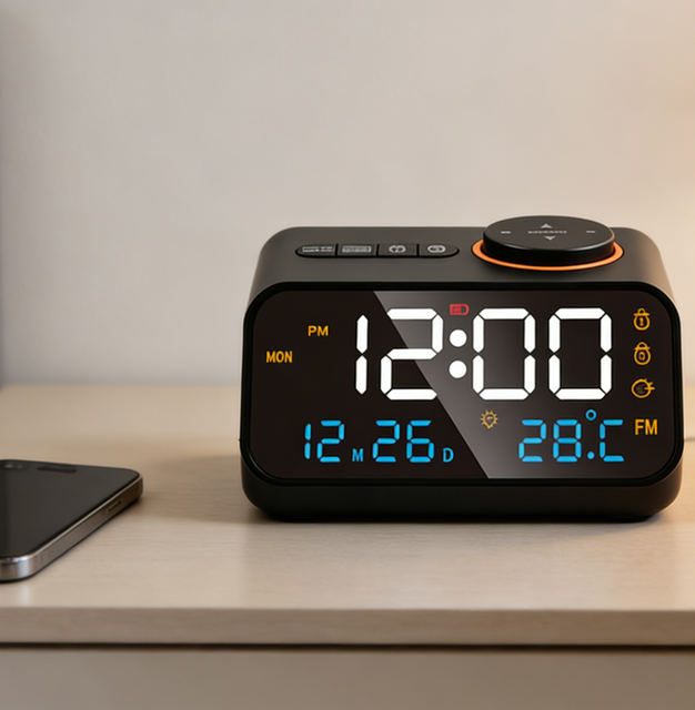 OEM Modern Wireless Charging Digital LED Desk Clock Radio Temp/Humidity Display Dual Alarm Snooze for Office Bedroom Student Use