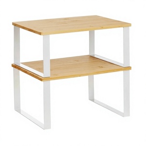 Étagère de rangement en bambou à 2 niveaux avec cadre en métal blanc, étagère moderne sur pied pour le salon, étagère décorative, organisateur, support - Product Image 1