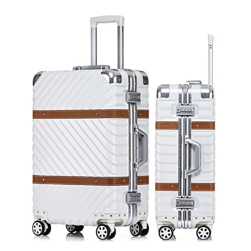 Valise à roulettes en aluminium, chariot original et professionnel avec bande en cuir, pour bagages, nouvelle collection