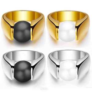Anillo de Acero Inoxidable con Baño de Oro 18K Estilo Europeo Americano, 10MM, Piedra Ojo de Gato Negra y Blanca, Engaste a Presión, Joyería de Moda Unisex - Product Image 1