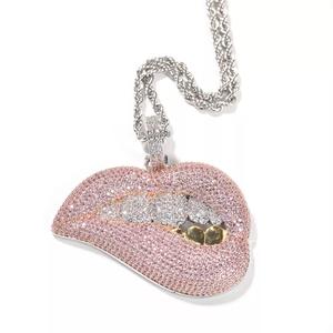 Collar con Colgante de Boca Sexy Estilo Hip Hop, Joyería de Cobre con Circonitas Rosas y Blancas, Colgante Rosa llamativo - Product Image 2