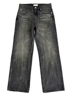 Jean en denim de coton pour homme, boutons argentés, vintage, délavage Monkey Wash, taille mi-haute, coupe droite ample, effet 3D Whiskering, délavage nid d'abeille