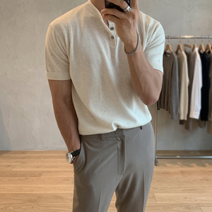 Camiseta de Manga Corta con Cuello en V, Ajustada, de Punto, para Hombre, Color Sólido, Transpirable, Estilo Casual Elegante - Product Image 3