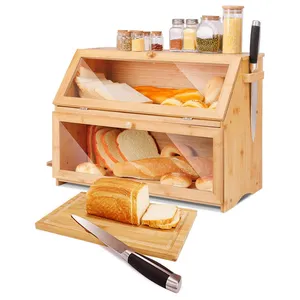 2-Layer Natuurlijke Bamboe Hout Brood Box Bin Met Mes Snijplank Houder Clear Window Voor Keuken Aanrecht Bakken