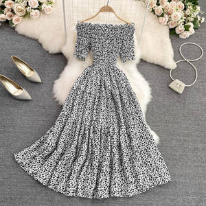 Gaun Chiffon Musim Panas Model Off-shoulder, Tanpa Lengan, Pinggang Ramping, High Waist, A-line, Elegan, Motif Bunga, Model Swing, Panjang, Grosir - Product Image 3