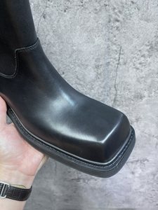 Men's Chelsea Ankle Boots in Black Retro Square <b>Toe</b> Short Leather Footwear with Chunky Heel Cow Leather Upper - Product Image 4