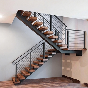 Escalera Recta Interior de Acero <span class=keywords><strong>con</strong></span> Barandilla de Cable Cepillado y Peldaños de <span class=keywords><strong>Madera</strong></span>, <span class=keywords><strong>Escaleras</strong></span> Modernas para Apartamentos Tipo Loft, Duraderas y Personalizadas - Product Image 1