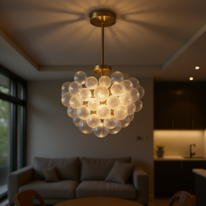 Lampe suspendue au plafond en fer doré, abat-jour en verre transparent de 20 pouces, hauteur non réglable, pour salon, salle à manger, cuisine - Product Image 2