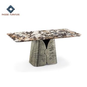 Juego de Mesa de Comedor Rectangular de Lujo con Cubierta de Mármol Natural Dorado y Base de Latón con Patas de Cobre - Product Image 1