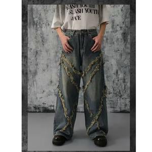 High Street American Style Medium Vintage Patchwork Cat Whiskers Denim Unisex Trendy Loose Wide Leg Straight Spring Long Pants - Product Image 5