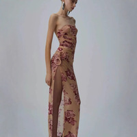 Robe longue bustier à imprimé floral vintage, sexy, en maille froncée, moulante et fendue, tenue de plage ajustée pour femme