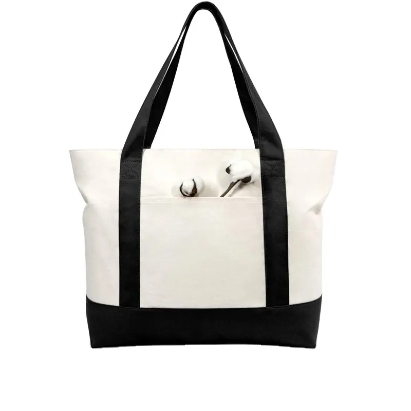 Shopping Bag personalizzabile all'ingrosso in tela Tote con tasca esterna e chiusura a cerniera