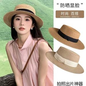 French Style Flat Top Straw <b>Hat</b> For <b>Women</b> Large Size <b>Summer</b> Sun Protection Beach <b>Hat</b> Solid Color Woven <b>Hat</b> - Product Image 4