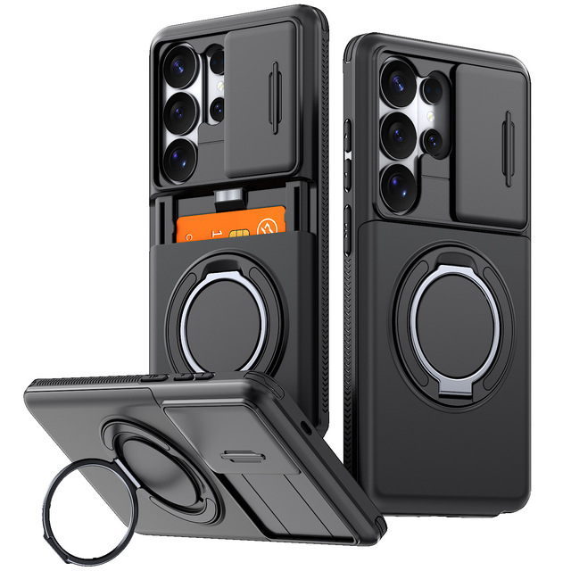 Shockproof Hard Phone Case Built-in Card Slot Slide Camera Cover 360 Rotating Ring Kickstand Protective Cover for Samsung A/S