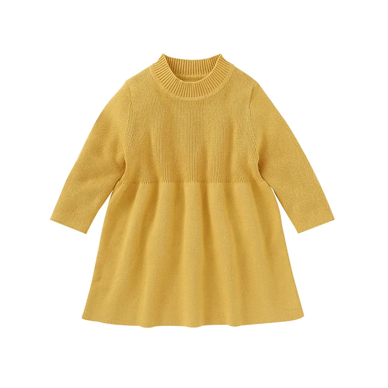 2020 Low MOQ Fall Children Clothes Baby Girls Dresses 100% Cotton Pure Yellow Long Sleeve Simple Design Dress