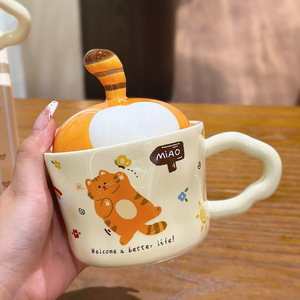 Cute Cat Tail Ceramic <b>Cup</b> with <b>Lid</b> and Spoon Cartoon Design for <b>Coffee</b> or Milk Presents Office Use - Product Image 4