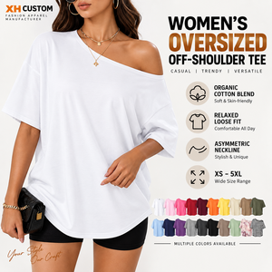 Custom Logo Women Oversized off Shoulder Casual Breathable T <b>Shirt</b> Organic Cotton Blend Loose Fit Asymmetric Wholesale - Product Image 1