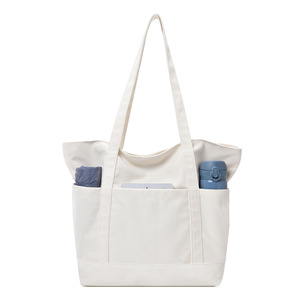 Sac fourre-tout en toile personnalisé <span class=keywords><strong>avec</strong></span> logo pour femme, <span class=keywords><strong>avec</strong></span> <span class=keywords><strong>poche</strong></span> <span class=keywords><strong>extérieure</strong></span>, sac de courses réutilisable, fermeture éclair supérieure - Product Image 4