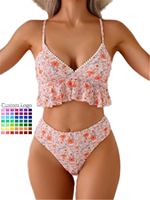 Ensemble bikini femme à motif floral micro-imprimé, ourlet à volants, col en V, bordure à pompons, bretelles spaghetti, deux pièces, coupe haute, vente en gros, personnalisable