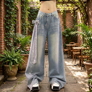 Pantalon large taille haute style américain, nouvelle décoration à lanières papillon, coupe ample amincissante, polyvalent et tendance - Product Image 1