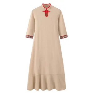 שמלת קשמיר טהורה בסגנון ניאו-סיני ארוכה גזרה דקיקה כפתור קו A קישוט באורך רצפה טבעי לנשימה בר קיימא סתיו