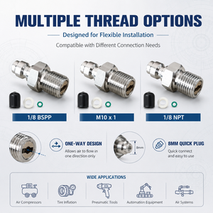 Adaptateur de raccord rapide unidirectionnel en acier inoxydable pour station de remplissage HPA, mâle 8mm, 1/8BSPP 1/8NPT M10*1 - Product Image 3