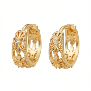 Pendientes de Aro Dorados E4486 para Mujer, Diseño Clásico de Flor, Diamantes Redondos con Corte Brillante, Chapados en Oro, para Uso Diario - Product Image 1