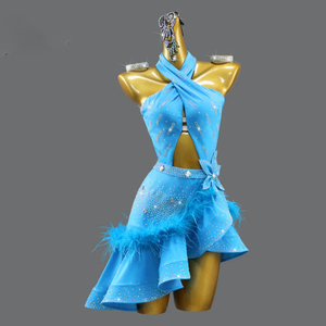 Robe de danse latine personnalisable en Spandex pour femmes, avec strass thermocollés, <span class=keywords><strong>col</strong></span> halter et jupe ajourée, idéale pour les compétitions. - Product Image 1