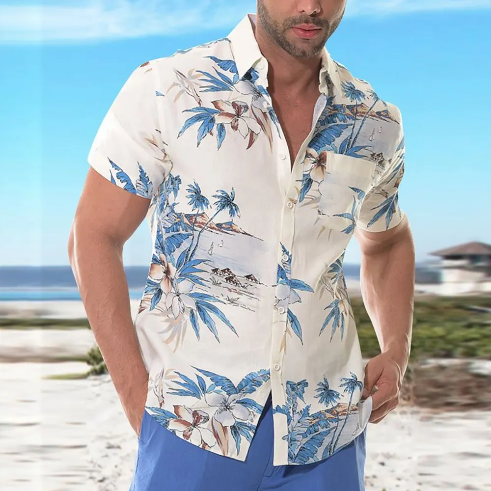 Ventas al por mayor Diseño impreso Camisa casual Manga corta Playa hawaiana Gráfico Hombres Sublimación Camisa