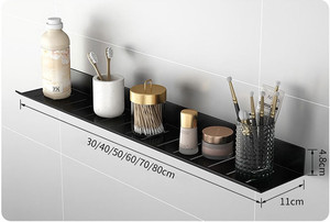 Étagère murale de salle de bain avec découpe pour robinet, sans perçage, en aluminium, support flottant pour cosmétiques et articles de toilette, noir et blanc - Product Image 4