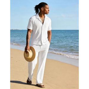 Ensemble 2 pièces décontracté pour homme FOXA – Chemise boutonnée à manches courtes et pantalon ample texturé rayé – Tenue de sport et de marche - Product Image 2