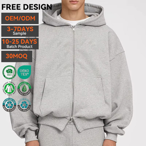 Sudadera con capucha de doble cremallera con logotipo personalizado, de algodón grueso de 450 GSM, estilo cropped, de felpa francesa, unisex, ecológica, con bordado 3D. - Product Image 1